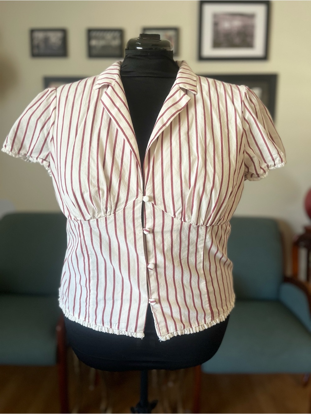 Vintage-Inspired Red Stripe Button-Down Blouse